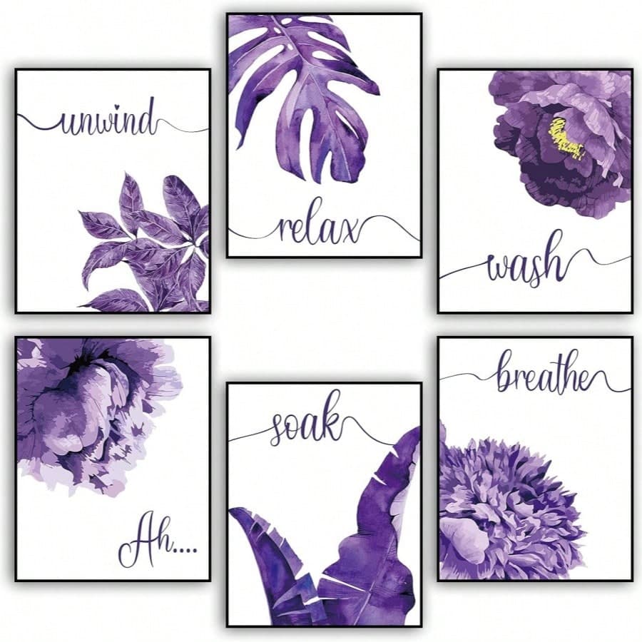 6 pièces Décoration artistique murale violette 8x10 pouces, décoration de salle de bain décontractée "Unwind', affiches dimpression de fleurs