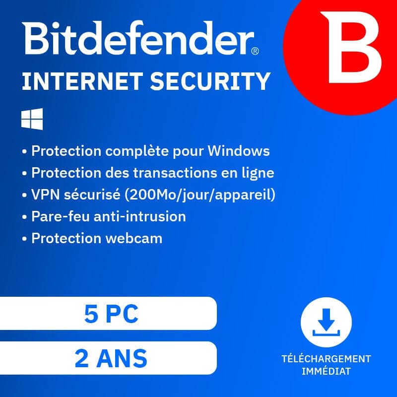 Bitdefender Internet Security 2026 | Renouvellement automatique | 5 PC | 2 Ans | Téléchargement